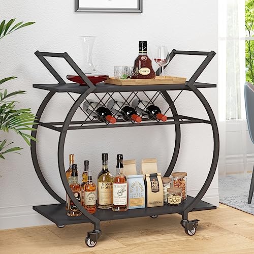 LVB Servierwagen mit Rollen, Barwagen mit Weinregal, Küchenwagen mit 2 Ebenen, Weinwagen, Getränkewagen für Küche, Esszimmer, Bar, Wohnzimmer, 76B x 40.5T x 84H cm, Schwarz