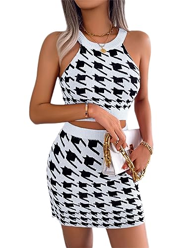 Onsoyours Damen Midirock Set Elegant Einfarbig Outfits Anzug Gesetzt Rock und Top Sets Frauen Zweiteiler Pullover Oberteil und Slim Fit High Waist Rock F Weiß S