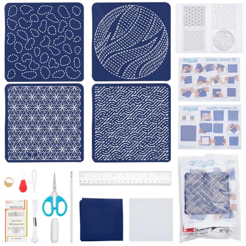 BEUNITONE Blumen Sashiko Untersetzer DIY Set Mit Anleitung Wasserlösliches Sashiko Teeset Untersetzer Set Verschiedene Muster Stickvorlagen Set Sashiko Untersetzer Stickset Für Erwachsene Anfänger