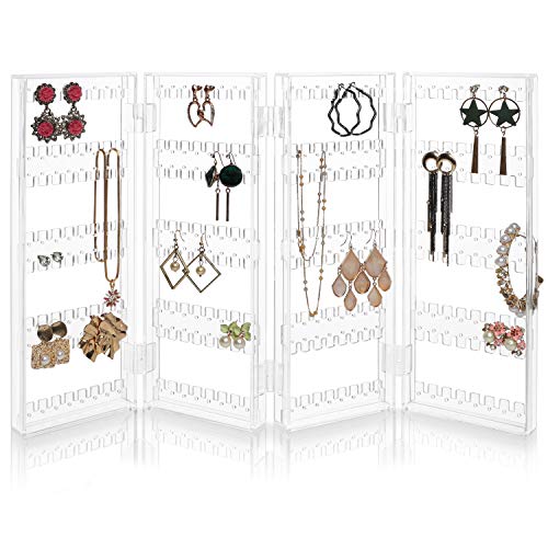 BELLE VOUS Faltbarer Schmuckständer aus Acryl - Organizer für 128 Ohrring Paare - 5 Reihen & 4 Paneele zur Aufbewahrung von Ohrringen, Armreifen & Halsketten - Transparentes Schmuckdisplay