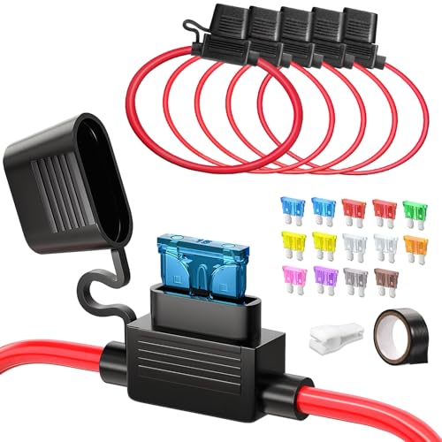 JOREST 5pcs 12(1)+16AWG(4) Sicherungshalter 12 volt, Auto Flachsicherungshalter Wasserdicht Kfz Sicherungshalter für Car/LKW/Motor+14pcs Standard Sicherungen (2A 3A 5A 7.5A 10A 15A 20A 25A 30A 35A)