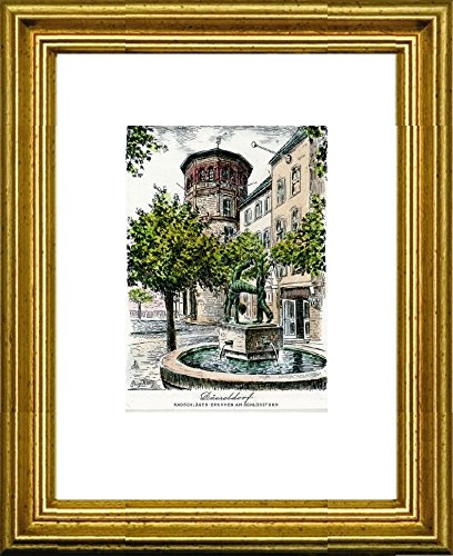 Kunstverlag Christoph Falk Handkolorierte Radierung Düsseldorf, Radschläger Brunnen im Rahmen Gold