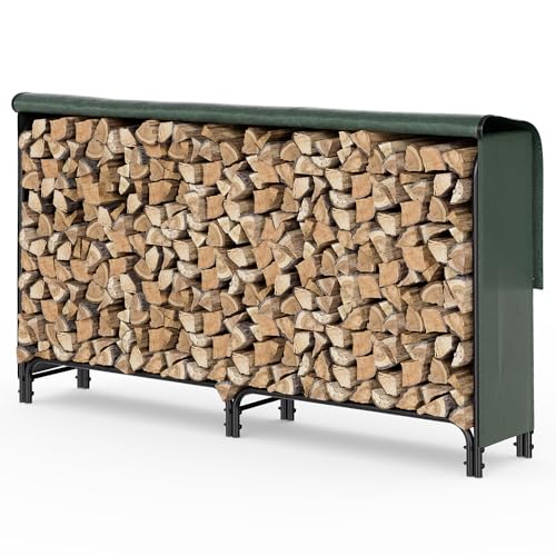 VOUNOT Kaminholzregal Aussen Metall, Brennholzregal Außen, Feuerholzregal Outdoor mit wasserdichte Abdeckung, 200 x 116 x 36 cm, Schwarz