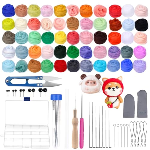 RISVOWO Nadelfilz Set, 50 Farben Wollgarn, Filz Starterset Filzwolle Nadelfilzen Set mit Filzwolle Werkzeu, Filzset für Anfänger Kinder Nassfilzen und Trockenfilzen DIY Handwerk