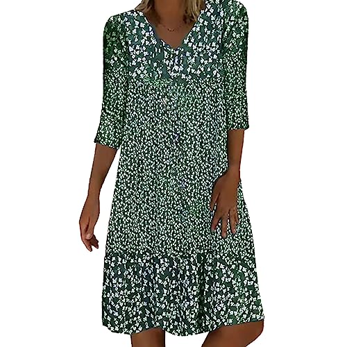 Generisch Damen Sommerkleid Kurzarm V-Ausschnitt Kleider Blumenmuster Kleid Wickelkleid Freizeitkleid Strandkleid Leinenkleid Knielang Blusenkleid Elegant Blumenkleid Midikleid Festkleider Druckkleid