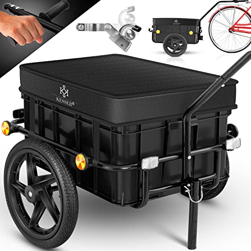 KESSER® Fahrradanhänger, Lastenanhänger, Handwagen mit Kupplung, Hochdeichsel, für Fahrrad Transportanhänger Transportbox mit 70 Liter Volumen, Max. 60kg, + Zubehör für Fahrräder mit 26-28, Schwarz