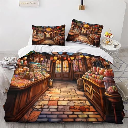 Zbeiba Bettwäsche 135x200cm Süßigkeitenladen Muster Bettbezug und 2 Kissenbezug 50x75cm 3 teilig,#11,3D Drucken Bettbezug Mit Reißverschluss