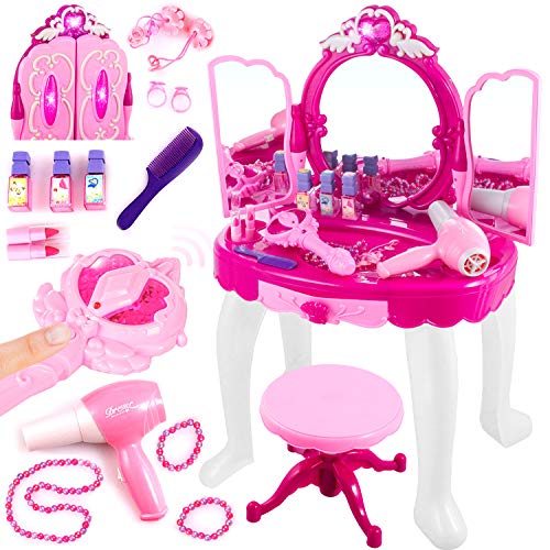 Kinderplay Rosa Schminktisch Kinder mit Zauberstäbchen - Haartrockner funktioniert wie EIN echter | Kinder Schminktisch für Mädchen mit MP3-Eingang, Zubehör, KP8846