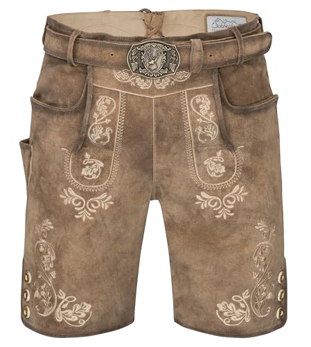 Schöneberger Trachten Couture Herren Lederhose kurz mit Trachtengürtel, traditionelle Vintage Trachtenhose für Oktoberfest aus Nubukleder, Lugano (56)