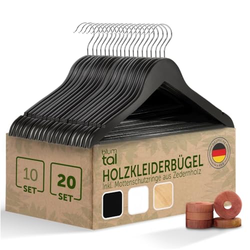 Blumtal Kleiderbügel Holz 20er Set - Holzbügel mit 360° drehbarem Metallhaken - Kleiderbügel Schwarz mit Zedernholz Mottenschutz - Kleiderbügel Holz Schwarz mit Anti-Rutsch-Schicht & Einkerbungen