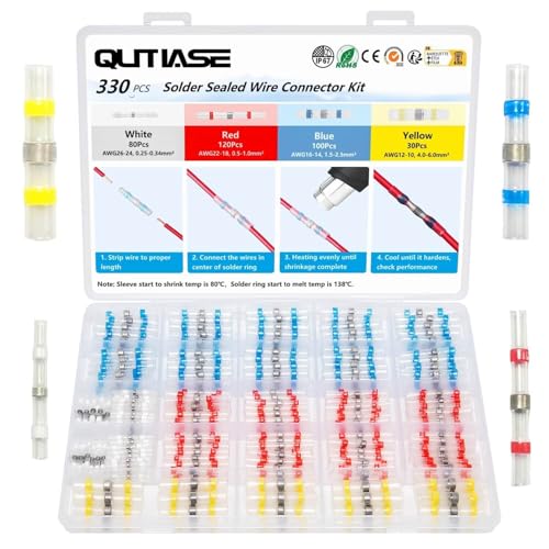 QUTIASE 330 Stück Lötverbinder mit Schrumpfschlauch, 26-10 AWG Schrumpfverbinder 0,25-6,0 mm², Schrumpfschweißen Schmelzverbinder Set, Kabelverbinder Wasserdicht für Kfz und Schiffe,Weiß Rot Blau Gelb