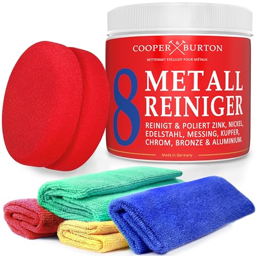 Metall Intensiv-Kraftreiniger Konzentrat reinigt, poliert und versigelt für Edelstahl, Aluminium, Chrom, Kupfer, Messing, Kupfer, Nickel, Zink | COOPER & BURTON (Reiniger + 4x M. Tuch+Schwm.)