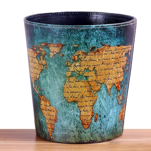keivmlvt 10 Liter Mülleimer aus Leder - Hochwertiger PU-Leder Papierkorb für Büro und Kinderzimmer - Handwerklich gefertigter Mülleimer ohne Deckel (World Map)