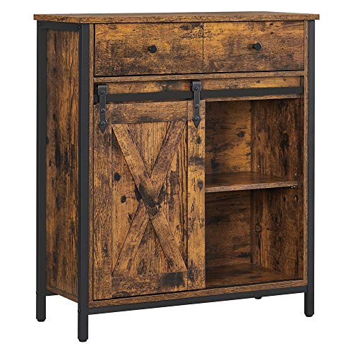 VASAGLE Sideboard, KÜchenschrank, Aufbewahrungsschrank, mit SchiebetÜr, 30 x 70 x 80 cm, verstellbare Ablage, Landhausstil, fÜr Wohnzimmer, vintagebraun-schwarz LSC100B01