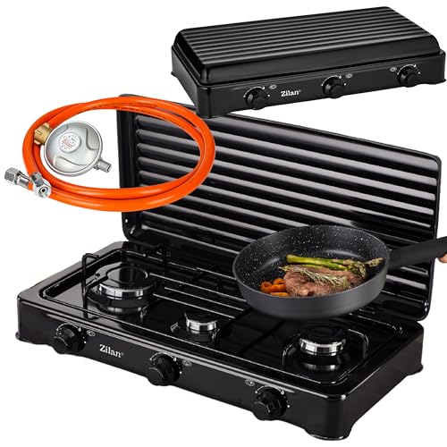 Gaskocher Camping & Outdoor mit Schlauch & Druckminderer 3-Flammig Gaskochfeld 30-50mbar Gasherdplatte Gas Kochplatte - abnehmbarer Deckel -Campingkocher für Gasflasche (Mit Schlauch & Druckminderer)