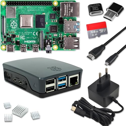Raspberry Pi 4 8GB Starter-Set | 64GB Micro SD Karte | USB-C Netzteil 15W | Gehäuse schwarz | 4K Micro HDMI Kabel | Kühlkörper Set | Raspberry Pi 4 Model B 8GB RAM