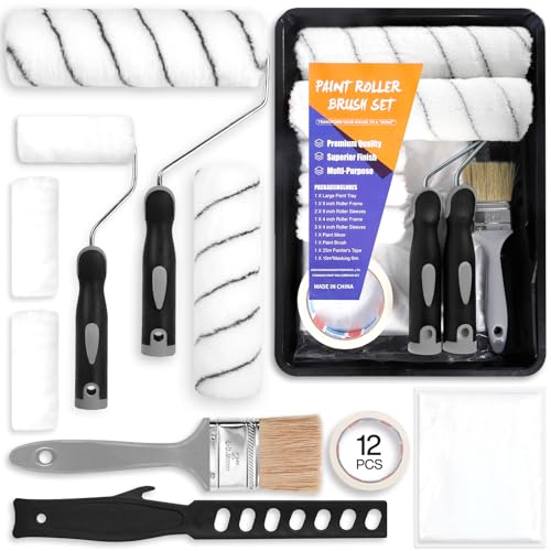 ENCOUN 12er Farbroller Set, Professional Malerset, Farbroller Wandfarbe, Malerpinsel Set mit Farbwanne, Farbroller Bügel, Abdeckfolie, Farbroller, Kreppband, Pinsel für Malerset Streichen