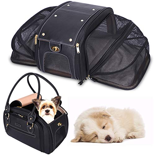 PetsHome Hundetragetasche, Katzentrage, erweiterbar, faltbar, von Fluggesellschaften zugelassenes Leder, Haustier-Reisen, tragbare Tasche für Katzen und kleine Hunde, Zuhause & Outdoor, klein, schwarz