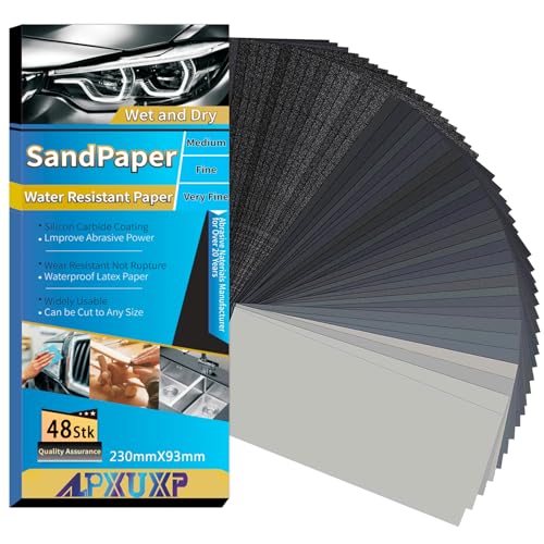 ALPXUXP Schleifpapier Set 48 Stück Nass und Trocken Profi Wasser Schmirgelpapier,für Auto|Metall|Holzmöbel|Stein|Lack|Glas,Körnung 120/180/240/400/600/800/1000/1200/1500/2000/3000/5000，23 x 9cm