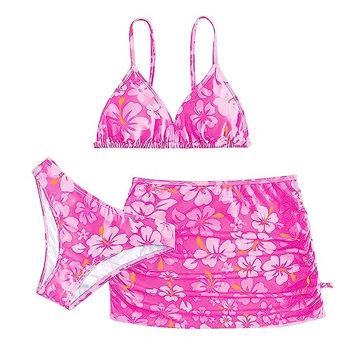 Bikini MäDchen Set 3Er Bikini Top Mit Triangel Bikinihose Und RüSchen Rock Kinder Blumen Schultergurt Tankini Teenager 3 teiliges Sommer Strand Bademode mit Brustpolstern 6-15 Jahre