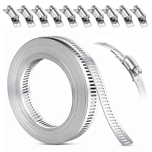 Jortmrd 5m Schlauchschellen Edelstahl, 304 Metall Einstellbare Schellen mit 10 Rohrschellen Befestigung, DIY Schlauchklemme Set für Wasser Rohr, Tank, Gas Rohr, Kühler, Automobil Tubing