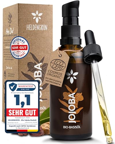 Heldengrün® BIO Jojobaöl [100% NATURREIN] Gesichtsöl - Dermatologisch getestet - Jojobaöl Haare - Kaltgepresst & unraffiniert - Intensivpflege für Gesicht, Körper & Haare