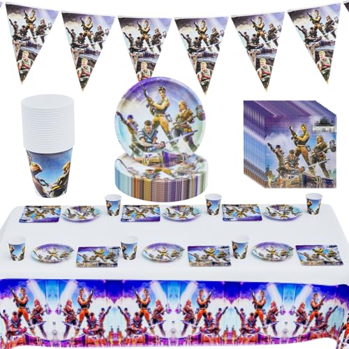 Spiel Party Geschirr Set, 71Pcs Kind Spiel Partyzubehör Set, Video Gaming Thema Partygeschirr, Kinderpartyset Serviert,Enthalten Videospiel Party Teller Tassen Servietten Tischdecke, für20 Personen