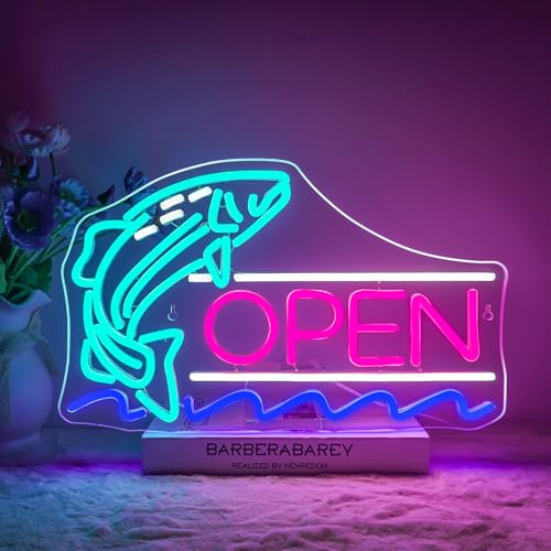 NOXET Fisch Open Neon Schild Leuchtreklame für den Fischladen Offene Leuchtreklamen für Fischladen-Wanddekoration, USB Fish Open LED-Schilder für Fischgeschäft, Türschild, Restaurant, Angelclub