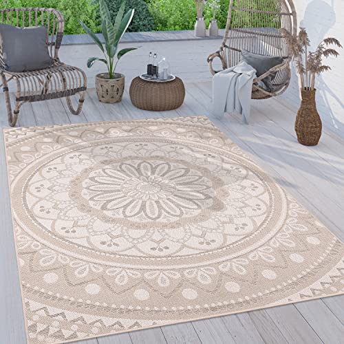 Paco Home Outdoor Teppich wetterfest & robust modernes Mandala & Boho Design pflegeleicht & flachgewebt für Balkon, Terrasse, Garten, Wohnzimmer & Küche Ethno Mandala, Grösse:80x150 cm, Farbe:Sand