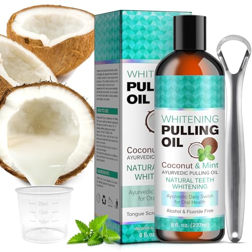Kokosnuss-Ziehöl für die Zähne 237ml, Kokosöl, Mundziehöl mit Kokosnuss & Pfefferminzöl, Minzöl zum Ziehen von Mundwasser mit Zungenschaber, Kokosnussöl für Zähne frischen Atem, Zahnaufhellung