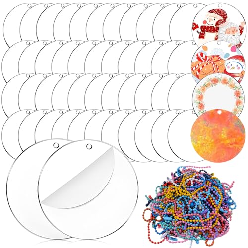 Acrylplatten, 50 Stück Acrylscheibe Rund, Rund Klare Acrylplatte mit Schlüsselanhängerkette, 5cm Acrylscheibe Rund mit Loch für DIY Schlüsselanhänger Bastelprojekt Malerei und Partybeschilderung