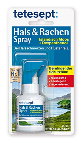 tetesept Hals & Rachen Spray – Spray mit Isländisch Moos und Dexpanthenol - zur Befeuchtung & Linderung bei Halsschmerzen, Husten und Heiserkeit – 1 x 30 ml