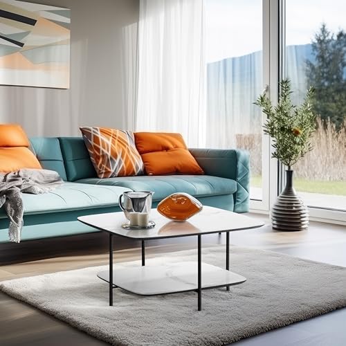 Wohnando Couchtisch mit Marmor Optik weiß, Ares, 75x75x38cm helles Mamordekor - Wohnzimmertisch mit Metall-Gestell | Sofatisch Eckig Tisch Wohnzimmer | Beistelltisch
