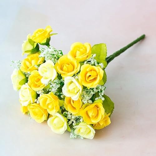 Künstlicher Blumenstrauß mit 21 Rosen, 7 Stiele, Kunstblumen für Zuhause, Hochzeitsdekoration, Brautsträuße, Café, Stoffgeschäft, Display, Rosa1 Weiß (gelb)