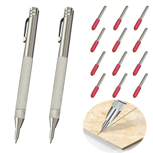 2 Stück Wolframkarbidspitzen-Anreißnadel mit 12 Ersatz-Markierungsspitzen, Aluminium-Magnet-Karbid-Schribe-Werkzeug, Ätzstift mit Clip, Metall-Gravierstift für Glas, Keramik, gehärtetes Stahlblech