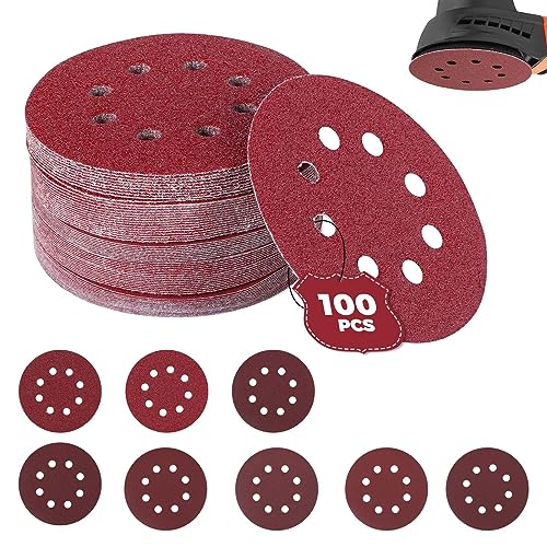 Sinand 100 Stück Schleifpapier 125mm Klett, Schleifscheiben 8 Loch,P40/P60/P80/P120/P180/P240/P320/P400 Exzenter Runde Schleifpapier