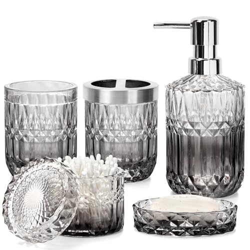 Ulable 5-Teiliges Badezimmer-Zubehör-Set Mit Seifenspender, Seifenschale, Zahnbürstenhalter, Becher, Wattestäbchen-Glas - Glas-Design Mit Farbverlauf