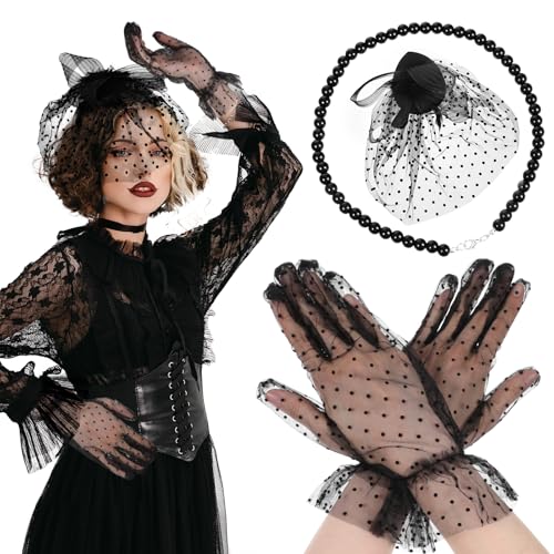 Vintage Fascinators Hut, 3 Stück Damen Fascinatoren Hüte, 20er 50er Schleier Hut Federn Schleier Netzhut Spitze Handschuhe Perlen Choker Halskette Teeparty Kopfbedeckung Hochzeit Fascinator (Schwarz)