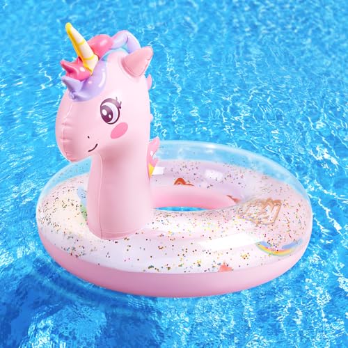 HeySplash Aufblasbarer Schwimmring, 21,6 Zoll Kleinkind Schwimmreifen, Einhorn Pool Spielzeug mit Funkelnden Pailletten, Schwimmhilfe für Schwimmbad, Sommer Strand, See, Party-Deko, Rosa