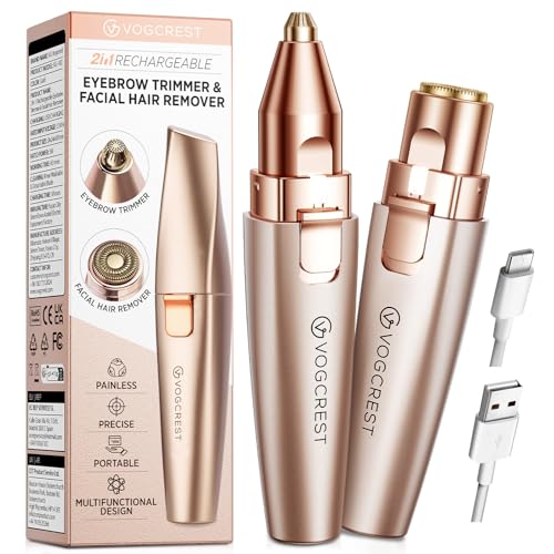 VG VOGCREST Augenbrauen-Gesichtstrimmer 2 in 1 Wiederaufladbare Gesichtshaarentfernung und Augenbrauenrasierer - Gesicht Lippen Körper Schmerzloser Gesichtsrasierer mit eingebauter LED (Rosé gold)