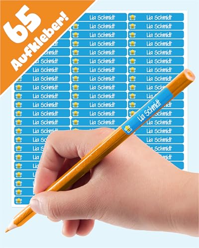 LabelTiger® Personalisierte Namensaufkleber für Kinder in der Schule - 65 Stück, Ideale Aufkleber für Stifte & Schulsachen, Selbstklebend & Wasserfest - Blau
