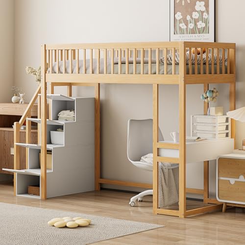 NNJN 90x200cm Hochbett mit Multifunktionstisch, sicherer Aufbewahrungstreppe, Bettgestell aus massivem Kiefernholz für Kinder und Jugendliche (Weiß+Natur)
