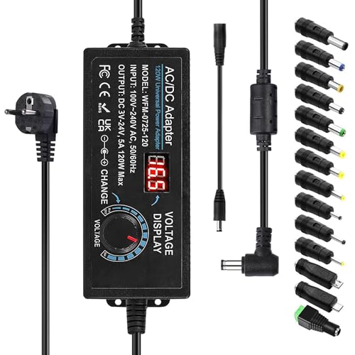 5A 120W Einstellbares Universal Netzteil: 3 V-24 V Netzteiladapter Einstellbares AC/DC-Netzteil mit LED Spannungsanzeige und 5.5 x 2.5 mm und 14 Spitzen für Haushaltsgeräte DC Motor - 5 A Max