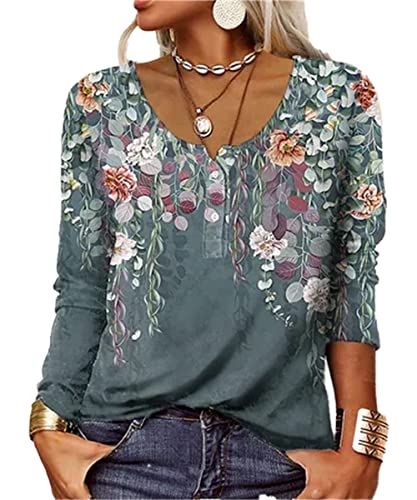 GRMLRPT Tops Damen Langarm Rundhal Tshirts Tunika Oberteile Bedruckte Bluse Damen Elegant Lässige Hemd Knopfleiste (Grün,L)