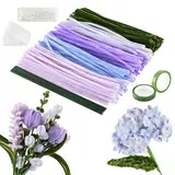 Joyblossom Pfeifenreiniger zum Basteln Set, 250 Stück in 5 Farben zum Basteln, Pfeifenreiniger Blumen-Set, mit Blumendraht, Schleifenband, Bänder, Perlen für Blumenstrauß DIY Basteln, Violett