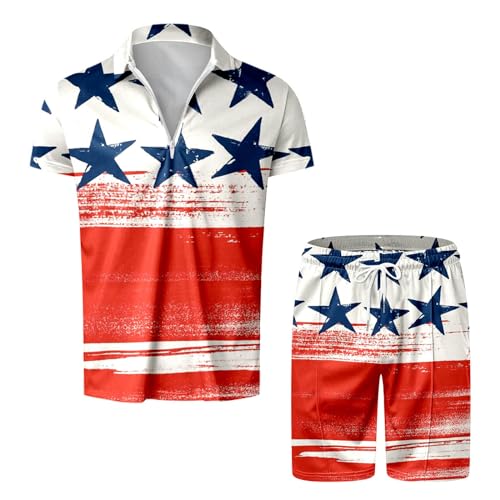 Sommeranzug Herren Day Prints Reißverschluss T-Shirt Sommer Lässige Urlaubshemden Tops Shorts Outfits Sportanzug Set(Schwarz,L)