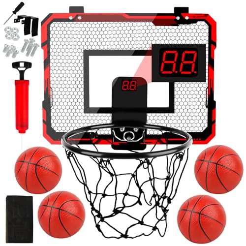 Basketballkorb Indoor für Kinder, Mini-Basketballkorb mit 4 Bällen, Basketball Korb im Zimmer Wandmontage mit Elektronische Anzeigetafel, Basketball Korb fürs Zimmer Tür für Jungen Outdoor Indoor