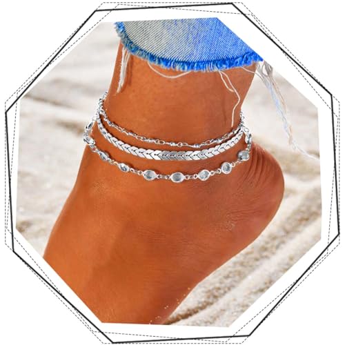 Ushiny Boho Fußkette für Damen Silber Sommerstrand Fussketten Strass Fußkettchen(3 Stück)