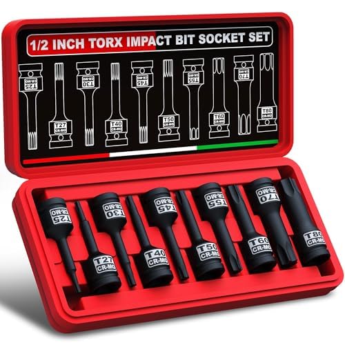 KIRXST 10 Tlg.Kraft Torx Bit Schlagschrauber Nüsse Satz 1/2 Zoll, Kraft Torx Bit Einsatz T25-T80, Automobilmechanik, Baubranche Eingesetzt, Elektrische und Pneumatische Schlagschrauber