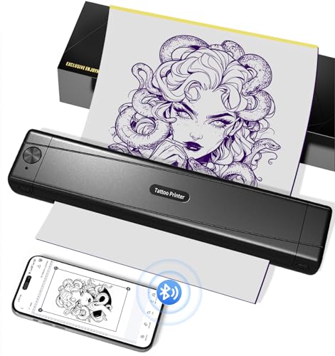 TATTMUSE Tattoo Drucker Bluetooth, Tattoo Stencil Drucker, Schablone Drucker mit 10 Stück Papier, Tattoo Transfer Drucker mit Smartphone PC, Thermodrucker Tattoo für Tattoo Künstler und Anfänger